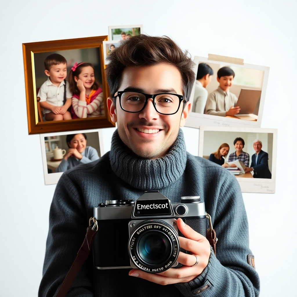 Create a montage-style image featuring various snapshots of a person's life, such as childhood, education, and career milestones. Each snapshot should be framed uniquely, creating a collage effect. The lighting should be bright and cheerful, evoking nostalgia and warmth. Incorporate elements like a vintage camera or a scrapbook to symbolize storytelling.