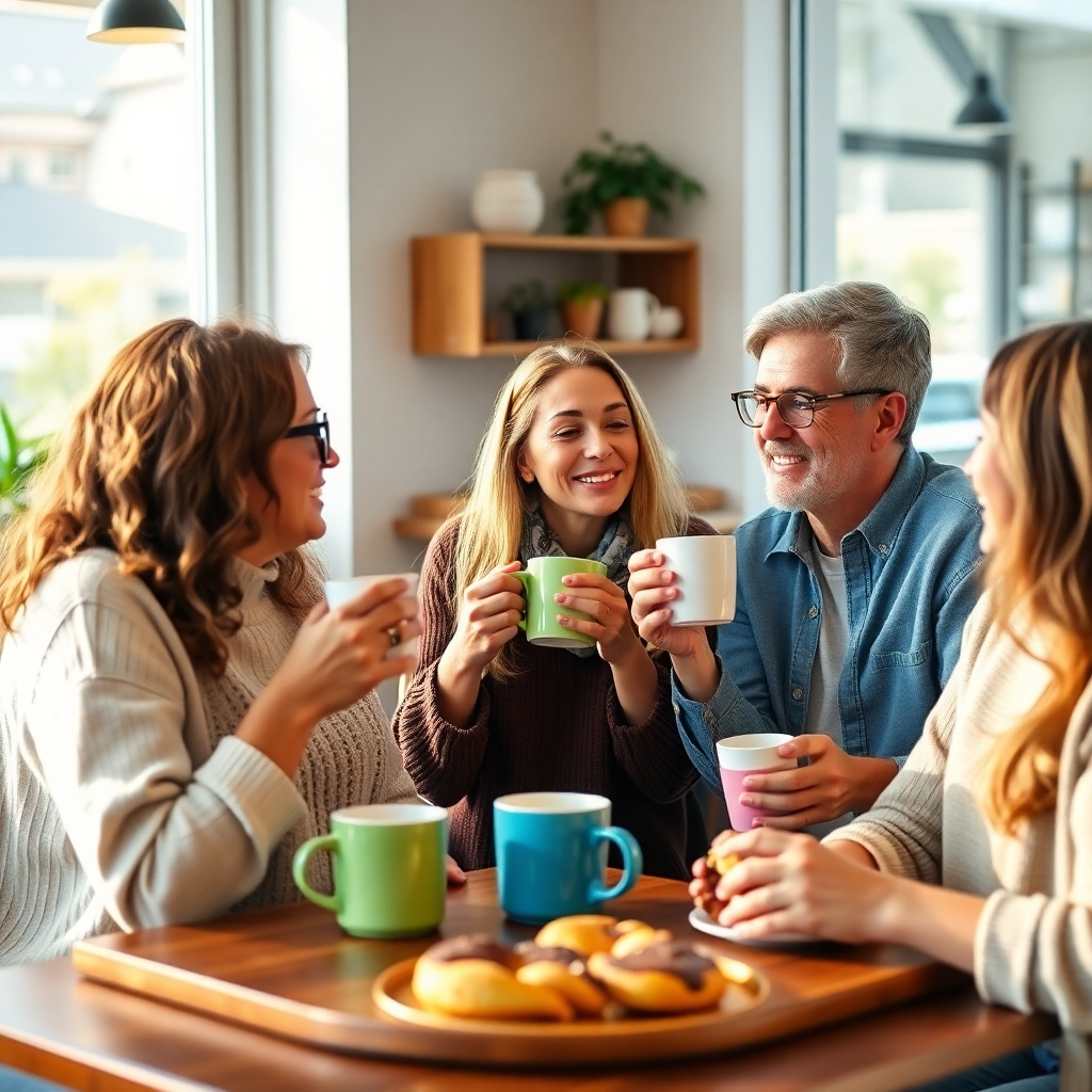 Imagine a group of friends sharing a heartfelt conversation over coffee in a bright, modern café. The focus should be on their expressions and interactions, highlighting authentic connections. Use natural lighting to convey warmth and friendliness, incorporating colorful mugs and pastries to enhance the inviting atmosphere.